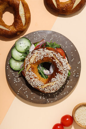 Concept of delicious food - tasty bagel sandwich, top viewの写真素材