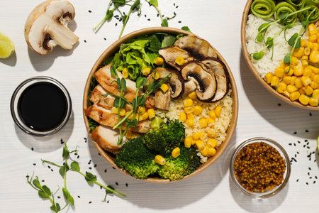 Bowls with tasty and nutritious food, top viewの写真素材