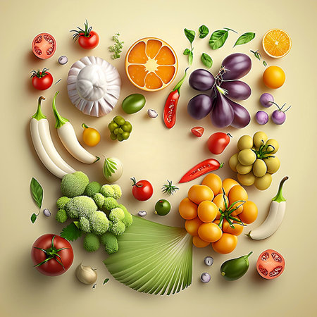 Flat lay with vegetables and fruits created with Generative AI technologyの素材