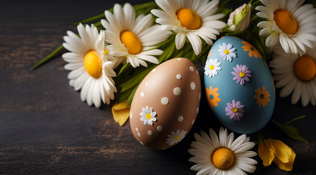 Eggs and flowers, composition for Easter, created with Generative AI technology, space for textの素材
