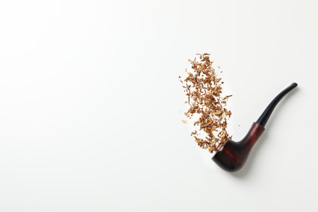 Concept of relaxing, smoking pipe, space for textの写真素材