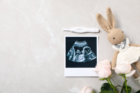 Concept of pregnancy and maternity, space for textの写真素材