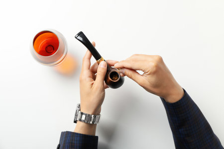 Concept of relaxing, smoking pipe, top viewの写真素材