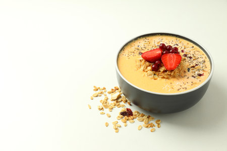 Concept of delicious food with smoothie with different ingredients, space for textの写真素材