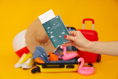 Suitcase, luggage, luggage for summer travel and vacationの写真素材