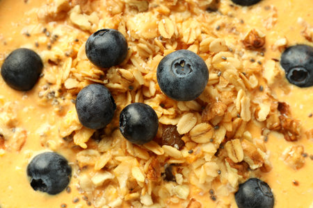 Concept of delicious food with smoothie with different ingredients, close up