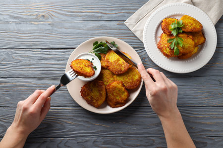 Tasty food concept - potato pancakes, delicious homemade foodの写真素材
