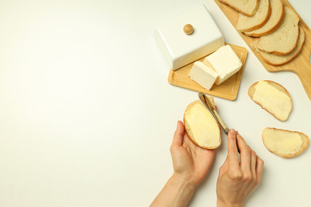 Concept of breakfast, eat food with butter, space for textの写真素材