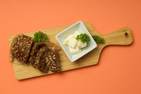Concept of breakfast, eat food with butter, top view