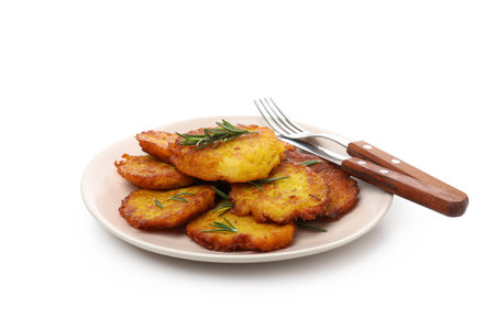 Tasty potato pancakes isolated on white backgroundの写真素材