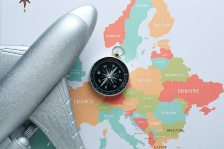 Traveling, adventure and vacation concept with compassの写真素材