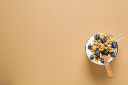 Tasty and nutritious breakfast concept - muesli with yogurtの写真素材