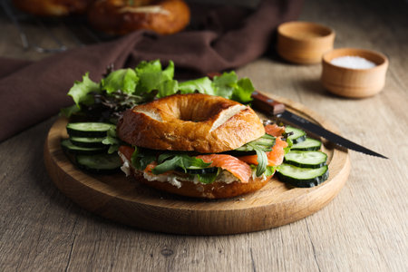 Concept of delicious food - tasty bagel sandwichの写真素材