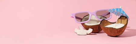 Composition for summer concept with coconut on pink backgroundの写真素材