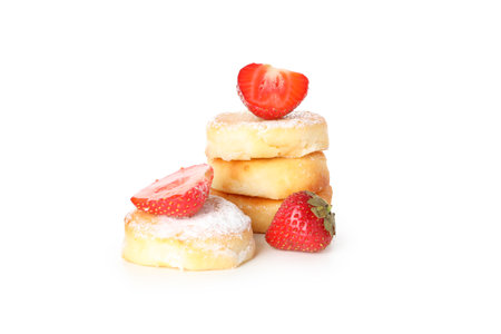 Concept of tasty sweet food, cheese pancakes, isolated on white backgroundの写真素材