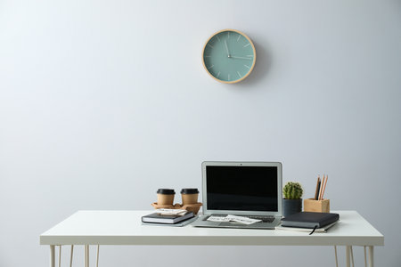 Messy office workplace, workplace and workspace conceptの写真素材