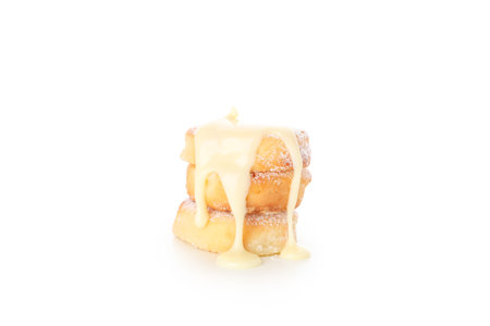 Concept of tasty sweet food, cheese pancakes, isolated on white backgroundの写真素材