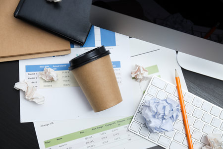 Messy office workplace, workplace and workspace concept