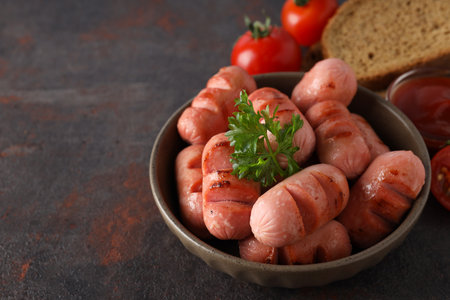 Concept of tasty food, grilled mini sausage, space for textの写真素材