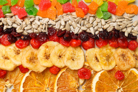 Tasty food concept - dried delicious fruits, tasty dried foodの写真素材