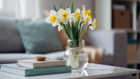 Vase with flowers and water on table in modern flat roomの素材