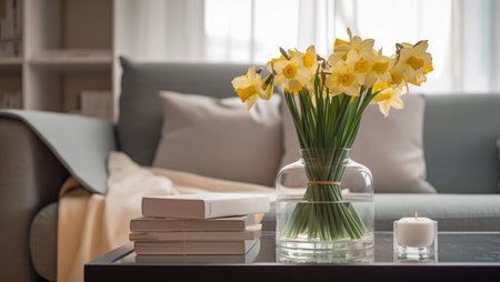Vase with flowers and water on table in modern flat roomの素材