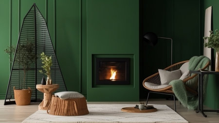Cozy interior with fireplace, created with Generative AI technologyの素材