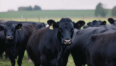 Herd of black cows graze in the pasture, created with Generative AI technologyの素材