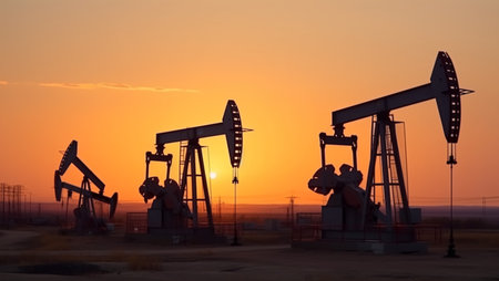 Oil rigs in sunset, created with Generative AI technologyの素材