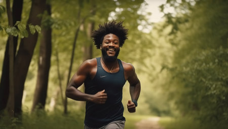 Young african american man running, created with Generative AI technologyの素材