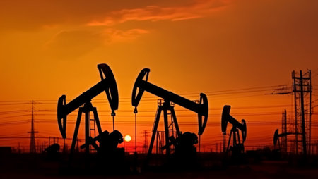 Oil rigs in sunset, created with Generative AI technologyの素材
