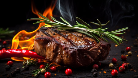 Grilled juicy steak cooking in fire, created with Generative AI technologyの素材