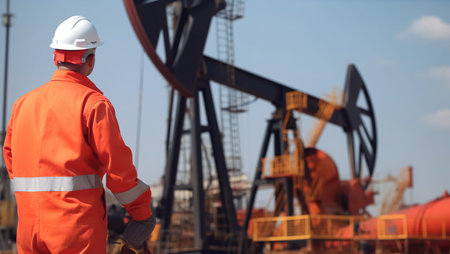 Worker and oil rig, created with Generative AI technologyの素材
