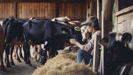 The woman feeds the cows, she works on the farm and takes care of the cows, created with Generative AI technologyの素材