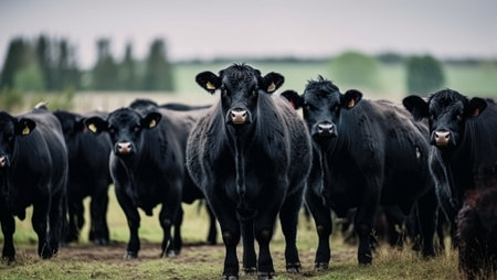 Herd of black cows graze in the pasture, created with Generative AI technologyの素材