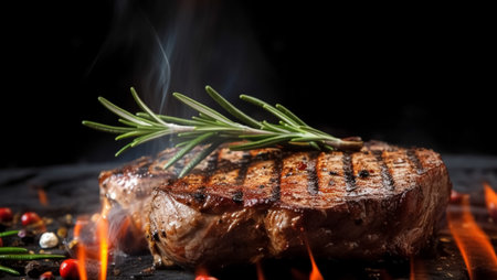 Grilled juicy steak cooking in fire, created with Generative AI technologyの素材