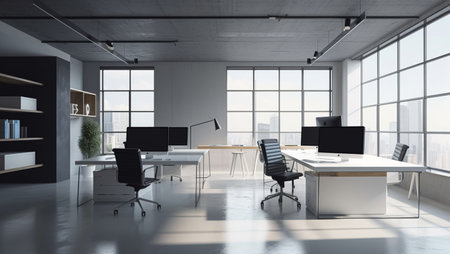 Modern office space with desktops with modern computers, created with Generative AI technologyの素材