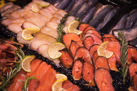 Fish meat in supermarket, photo for your advertising