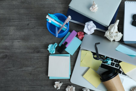 Messy office workplace, workplace and workspace concept
