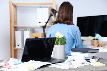 Messy office workplace, workplace and workspace conceptの写真素材