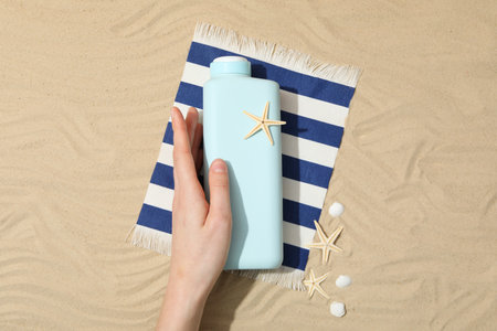 Concept of summer skincare accessories, top view