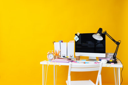 Messy office workplace, workplace and workspace conceptの写真素材