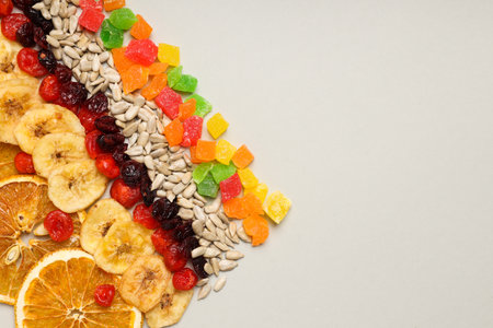 Tasty food concept - delicious dried fruits, space for textの写真素材