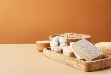 Concept of bath and skin care accessories - soapの写真素材