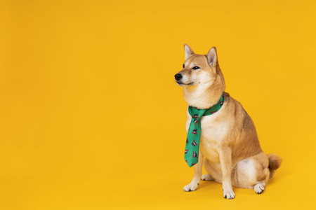 Shiba Inu cute dog on yellow backgroundの写真素材