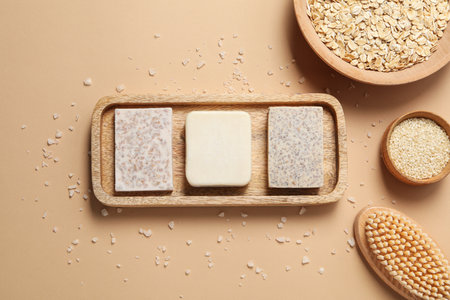 Concept of bath and skin care accessories - soapの写真素材