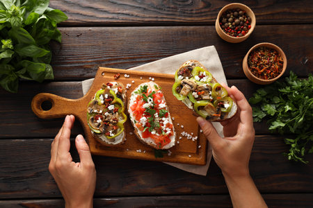 Toasts with tasty grilled vegetables, top viewの写真素材