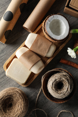 Concept of bath and skin care accessories - soapの写真素材