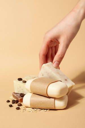 Concept of bath and skin care accessories - soapの写真素材