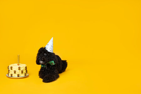 Black Toy poodle dog on yellow background, Dog Birthdayの写真素材